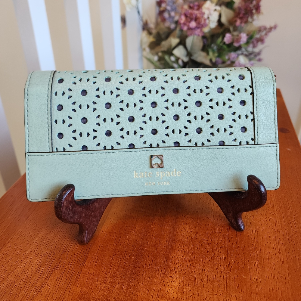 Kate Spade Perri Lane Leather Light Green Laser-Cut Wallet/Wristlet